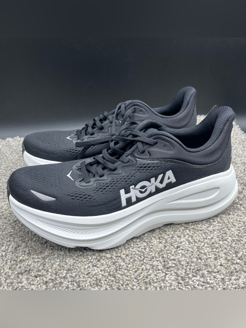HOKA Bondi 9 Road Running Shoes Men’s Size 9 D Wide Black White NWOT